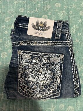 Rock Revival Dark Blue Bootcut Jeans with White Embroidered Floral Pocket